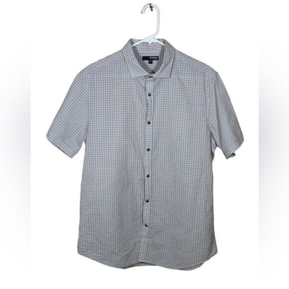 Murano Mens Shirt L Blue Plaid Short Sleeve Snap Button slim‎ fit Preppy College